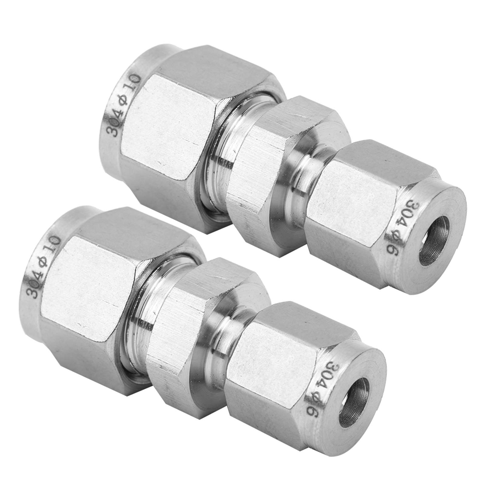 4Pcs 304 Stainless Steel Compression Tube Adapter, Double Ferrule Straight Reducer Union, Strength for Water Air Oil Pipes, Quick Screw, (F6 / F10)