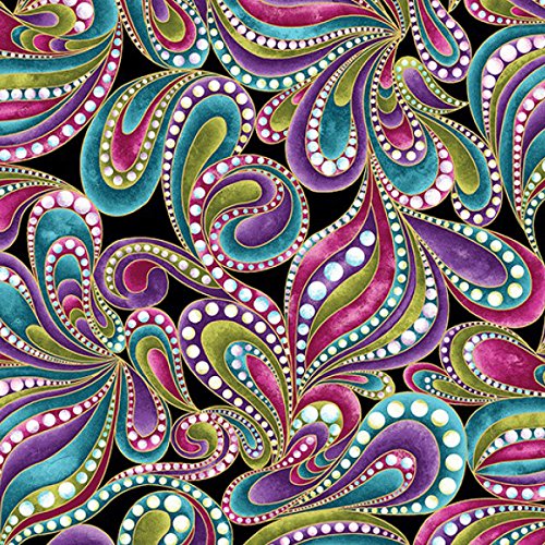 Colorful Paisley Print, Gold Metallic Accent, Black Background, Cat-I-Tude, Ann Lauer, Benartex, 4203-12, by The Yard