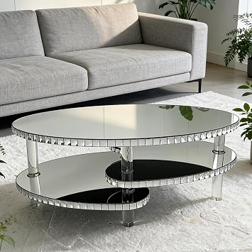Mirrored Coffee Table Modern Silver Oval Coffee Table for Living Room Mirror 3-Tier Storage Center Tables with Diamond Decor Edge and Crystal Legs