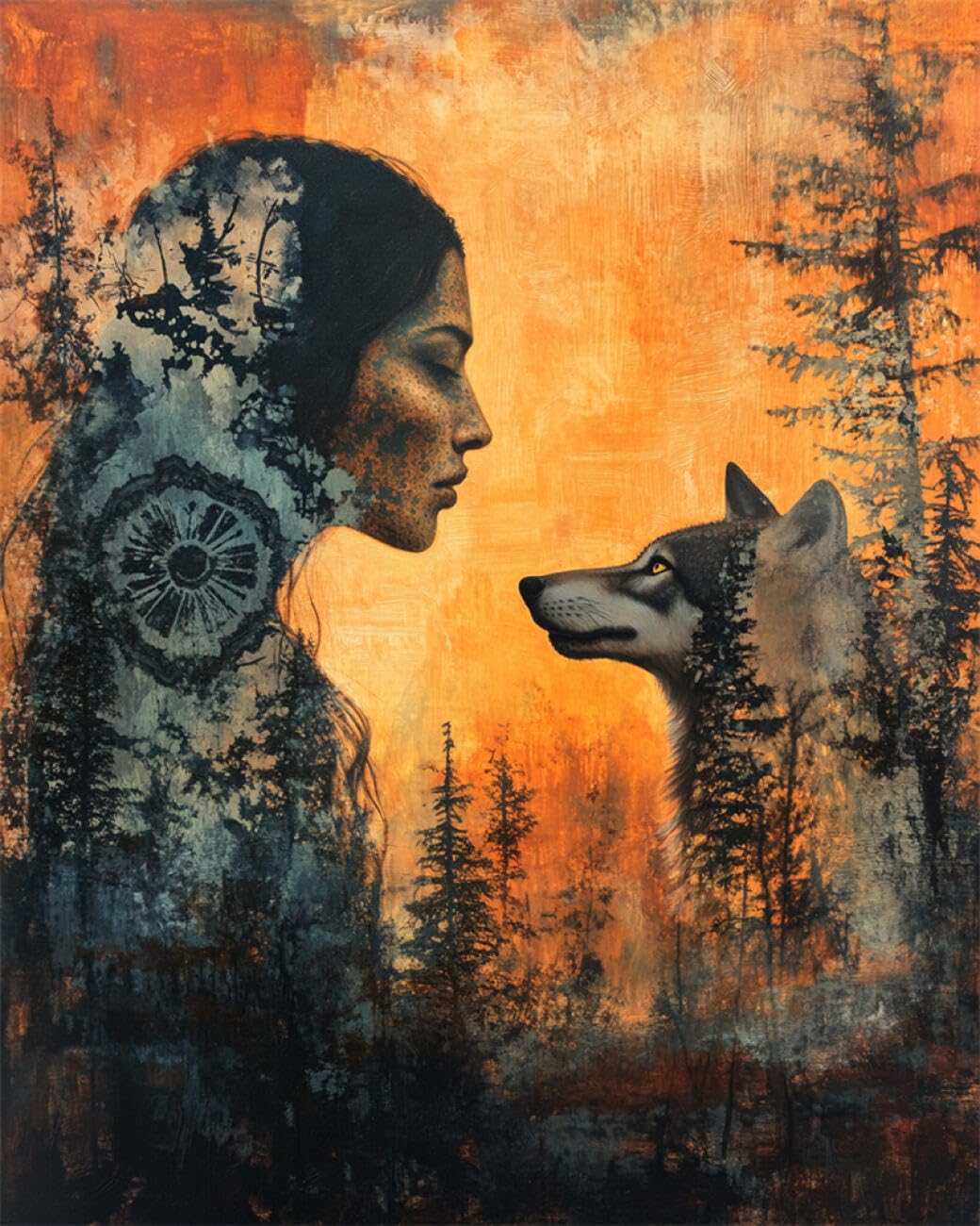 RKFLGEW Animal 14CT Cross-Stitch Kits Black and White Wolves and Women Cross Stitch Kits Embroidery Starter Set for Beginners DIY Home Decoration 40x50cm