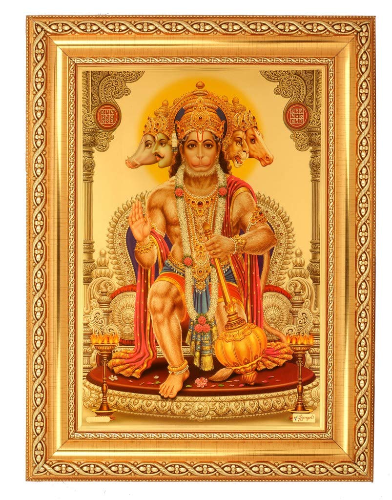 Cadre Hanuman Panchmukhi photo dorée pour votre coin méditation