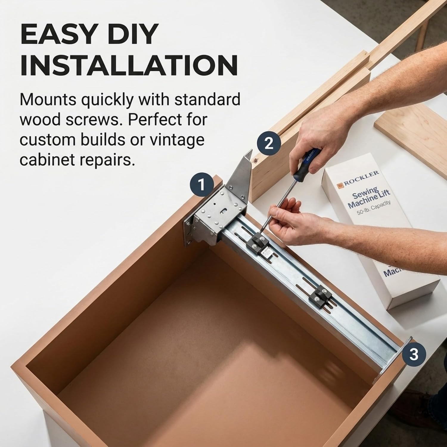 A person installing the sewing machine lift mechanism into a cabinet using a screwdriver and wood screws.