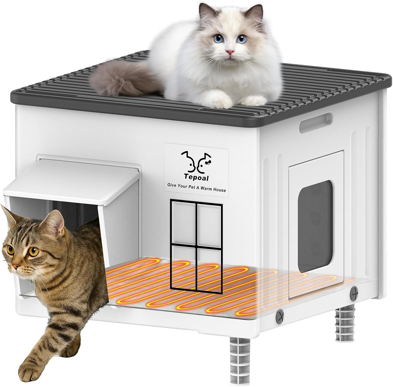 Indestructible Heated Cat House for Outside Winter, Heated Outdoor Cat House Weatherproof with Escape Door, Waterproof & Insulated Outdoor Cat Shelter for Feral Stray Cat Kitty. 17.7"x15"x17.5" Size 17.7" X 15" X 17.5"