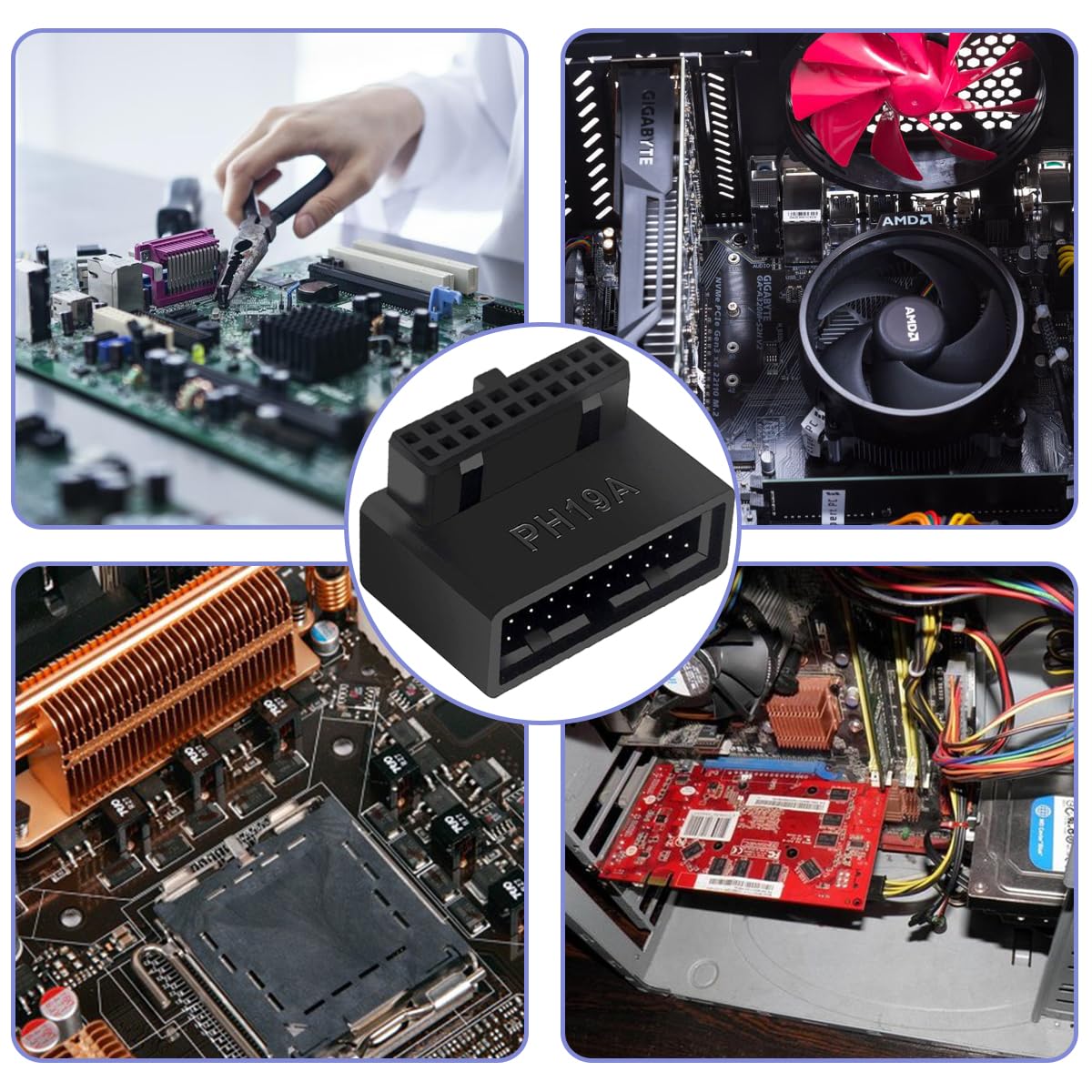 2 szt. Płyta główna USB 3.0 19/20 Pin 90 Degree Adapter, męski do żeńskiego typu L Turn Right Angle Socket Extension Adapter, do płyty głównej komputera stacjonarnego (Header Up Angle PH19A)