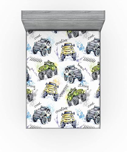 Miniatura 3 de Ambesonne Sábana bajera ajustable para autos, diseño de camiones monstruos acuarelados dibujados a mano, estilo de vida todoterreno, funda de cama