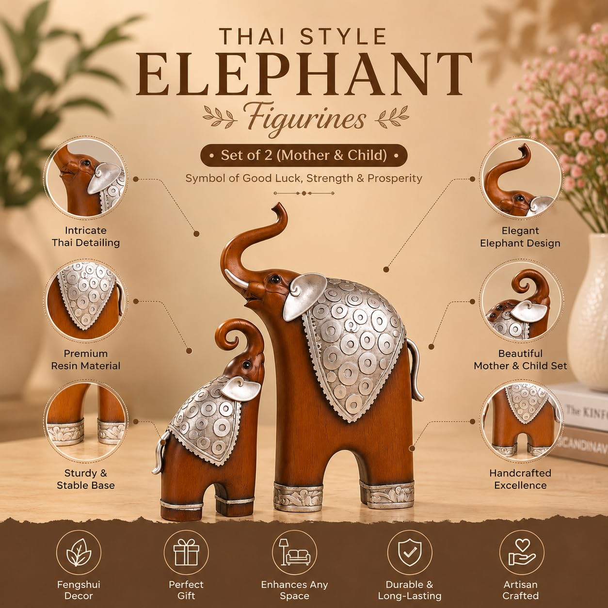 Thai Elephant Figurines - Home Decor Resin Sculptures -3