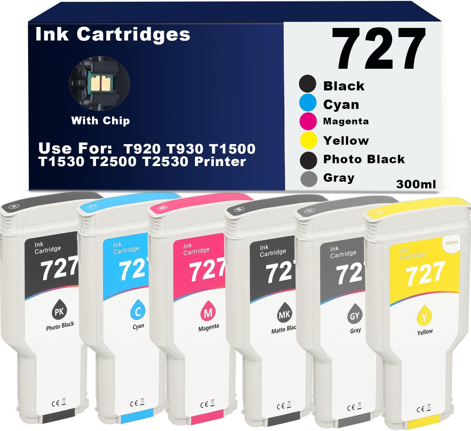SkyPrint T930 727 Ink Cartridges Replacement for HP designjet T920 T930 T1500 T1530 T2500 T2530 Printer Ink (6-Pack 300ML 727 Ink Cartridges Photo Black/Matte Black/Gray/Cyan/Magenta/Yellow)