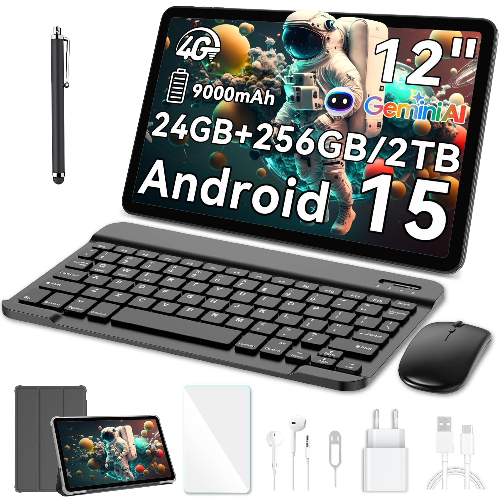Blackview MEGA2 Tablet 12 Zoll mit Tastatur, Android 15, 24 GB RAM (6+18 GB) + 256 GB, 2K Display, 4G LTE, 5-GHz-WLAN, 9000 mAh, Komplettset mit Maus, Stift & Ladegerät