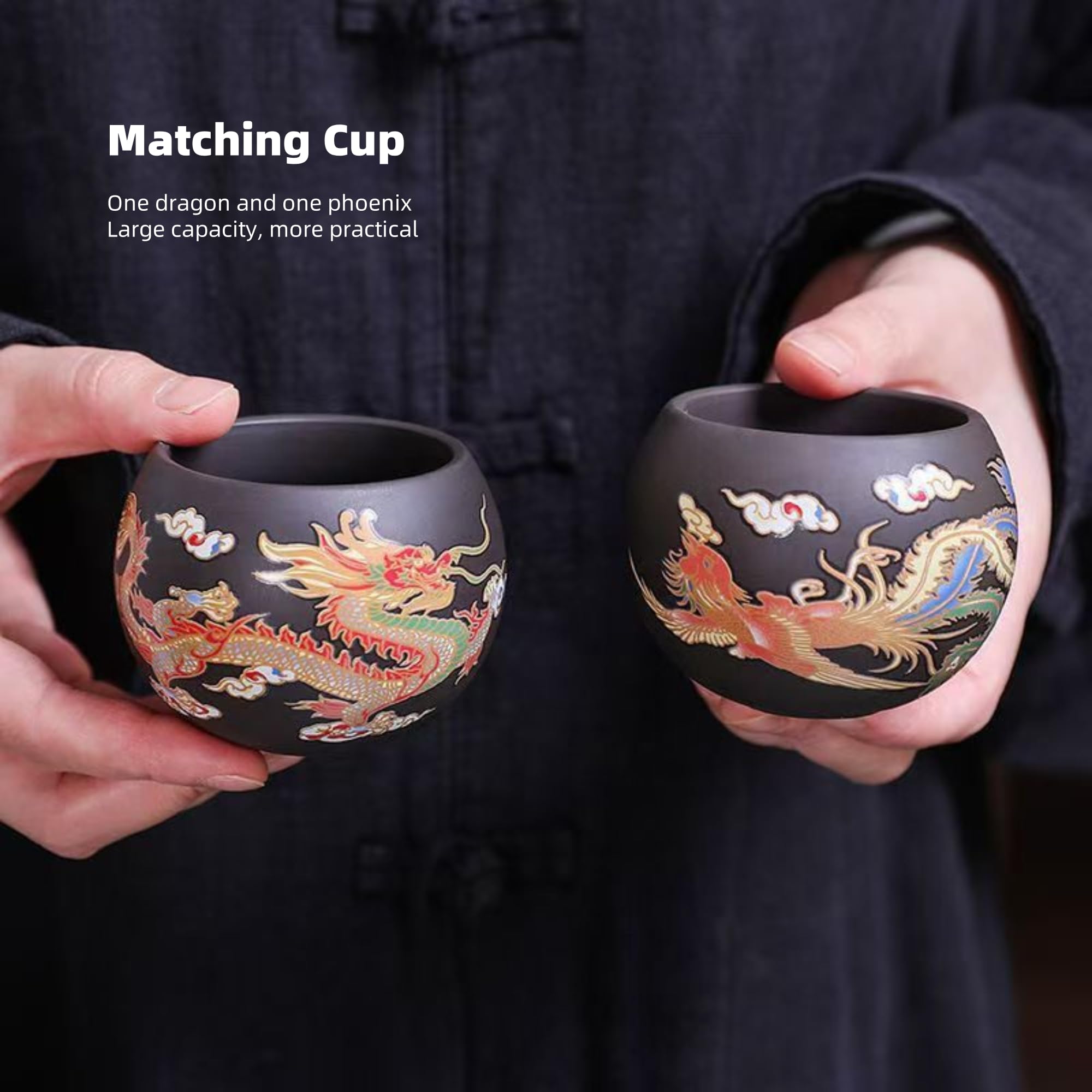Juego de Tetera Yixing Zisha 450ML, Grande Tetera China de Arcilla con Caja de Regalo, Servicio de Té Que Cambia de Color Kung Fu con 2 Tazas, Dragón y Fénix