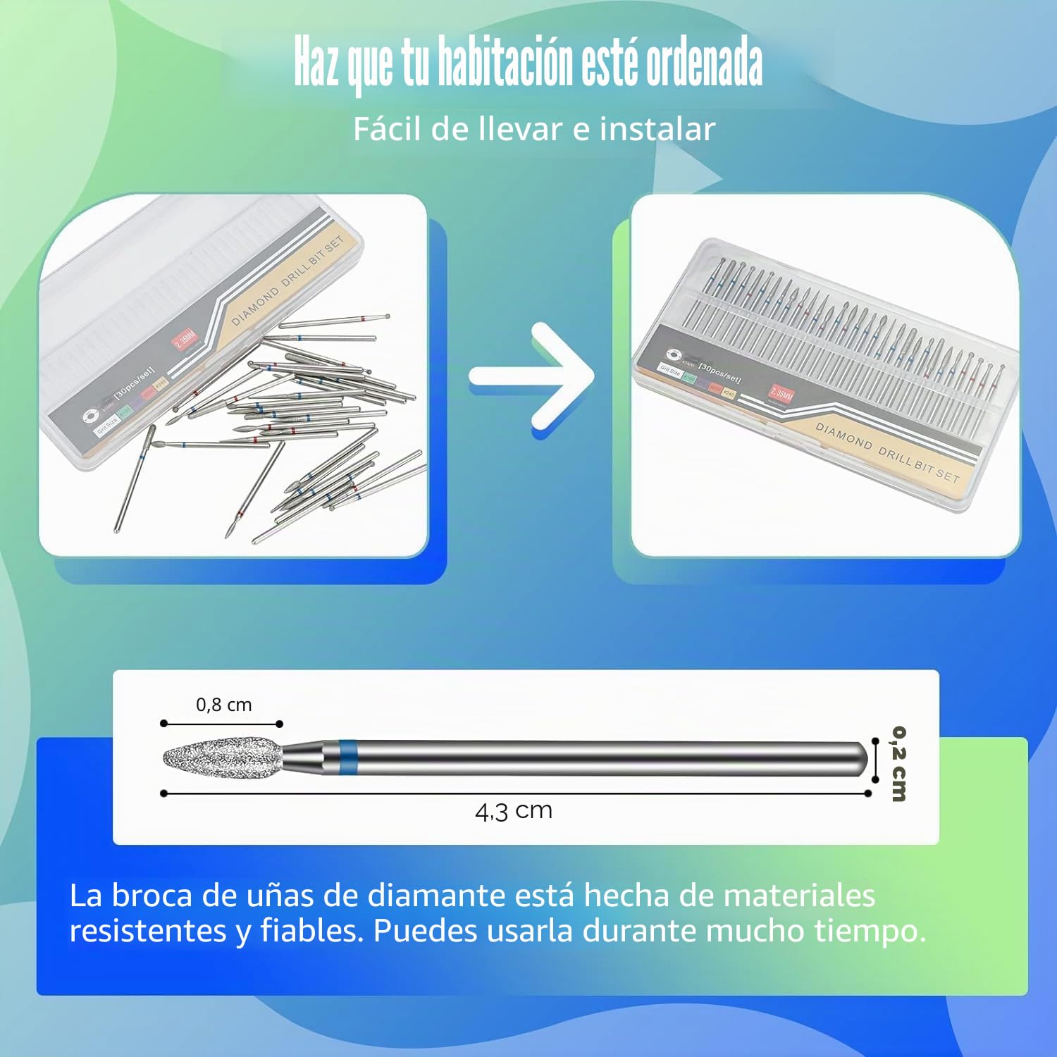 Juego de 30 brocas de diamante para uñas, Depvko de 3/32 fresas torno para uñas, brocas torno uñas profesional, herramientas removedoras de manicura y pedicura para uñas de gel acrílico, salón de casa