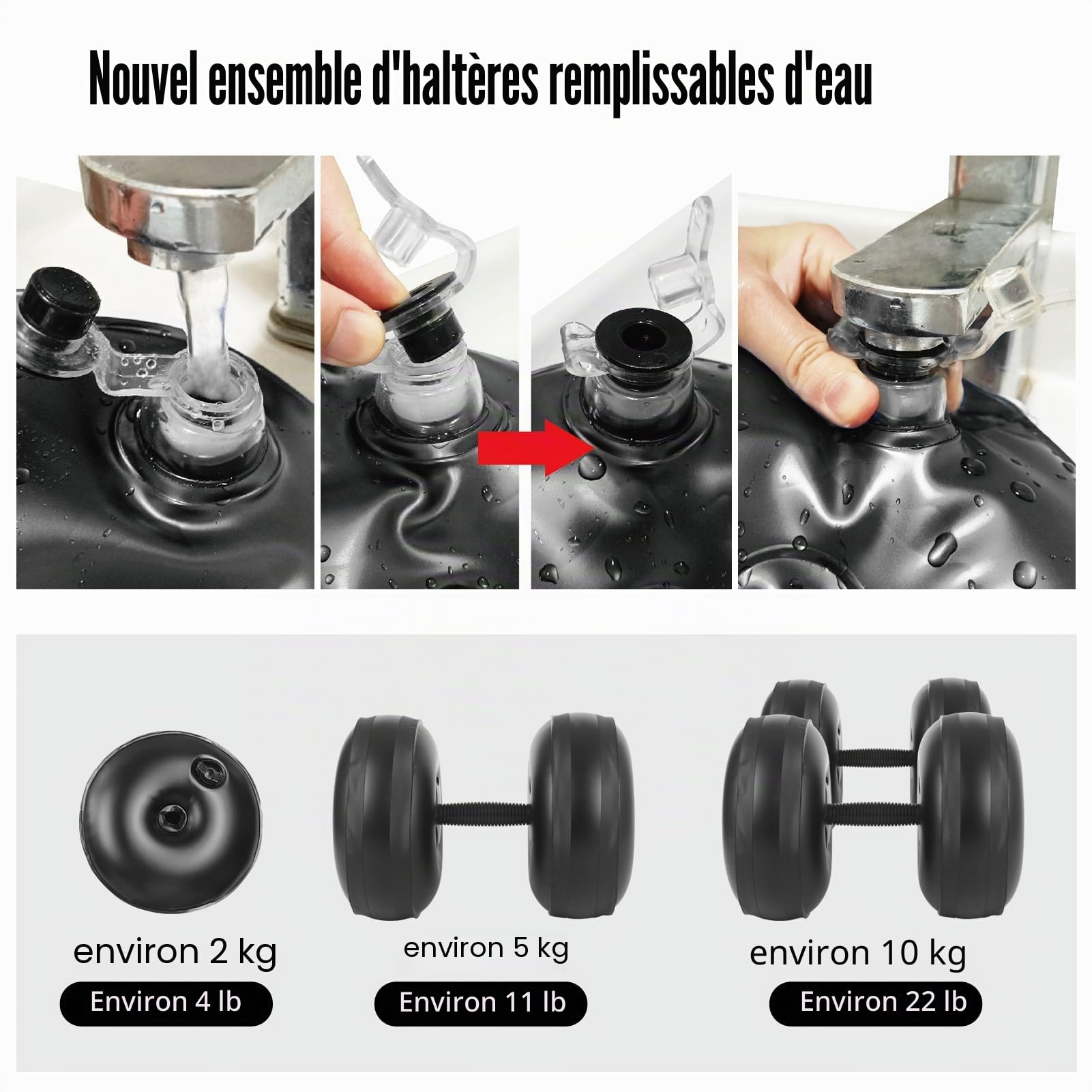 Haltères jusqu'à 6 à 25 kg, 2 en 1 Réglables Haltères eau, Haltères de Voyage, Remplissables, Portable Haltère débutant, pour la maison, la salle de sport, le voyage