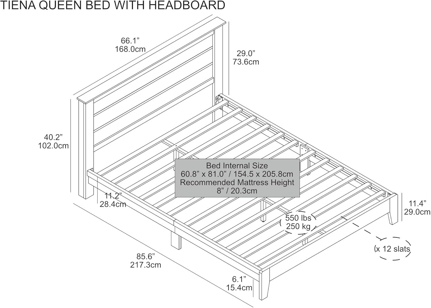 Technical diagram of the Tiena Queen Bed Frame showing dimensions in inches and centimeters, including overall length, width, height, headboard height, underbed clearance, and mattress internal size.