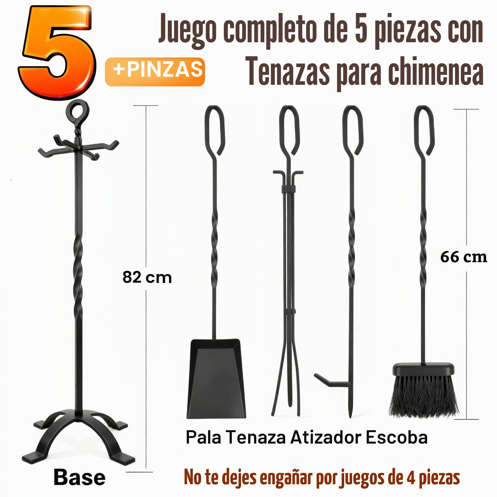 Amagabeli - Juego de 5 piezas para chimenea de 32 pulgadas (81 cm), juego de herramientas para chimenea de interior, accesorios de quemador de madera, juego de fuego de hierro forjado, pala de póquer