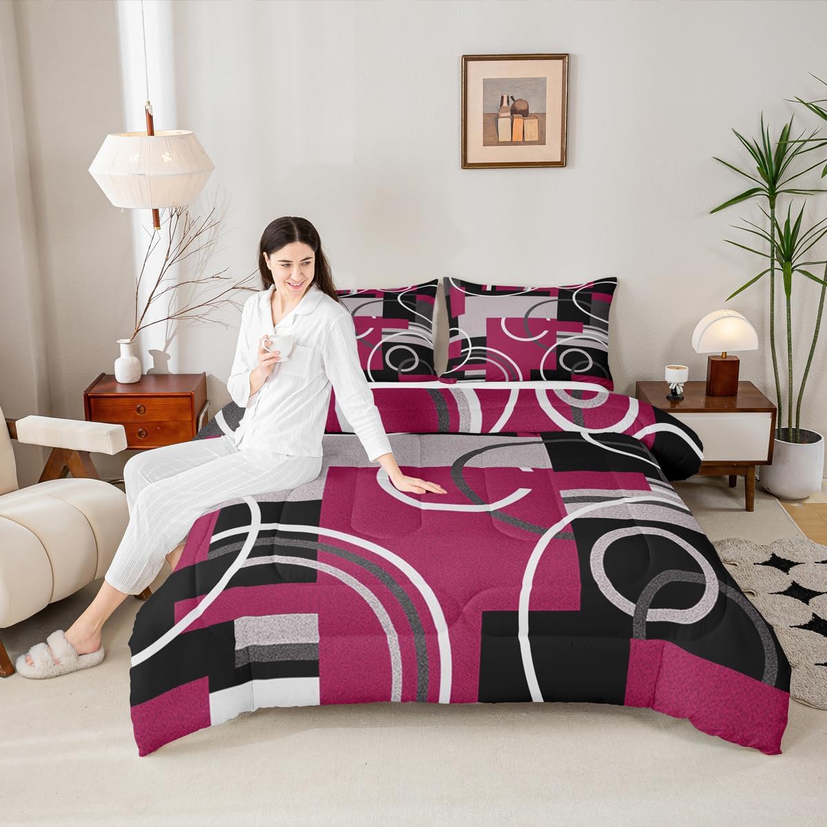 Erosebridal Modern Red Gray Black Bedding Full Size Abstract Circles Striped Comforter Set Geometric Spiral Checkered Duvet Insert Chic Texture Quilted Comforter Bedroom Decor with 2 Pillow Covers
