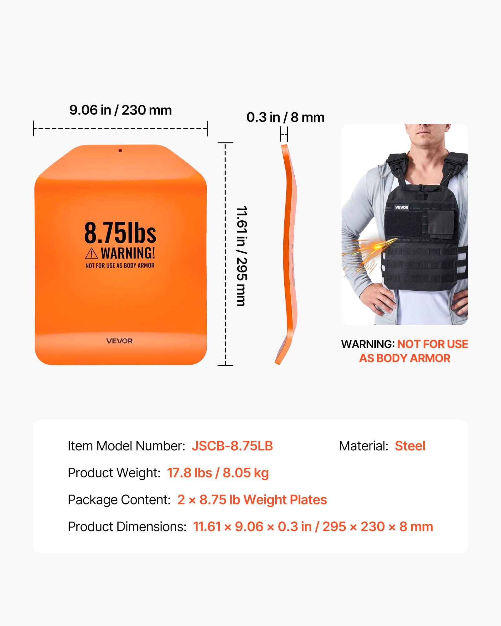 VEVOR Plaques de poids incurvées pour gilet, paires de 5,75/8,75/6,6 kg, plaques lestées tactiques en acier de qualité supérieure pour gilet, design ergonomique, pour l'entraînement de force