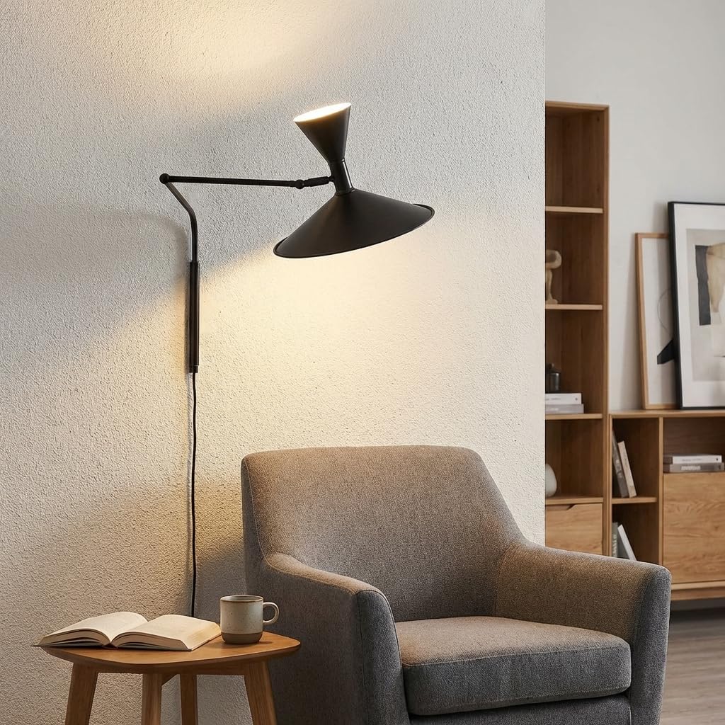 BARCELONA LED Applique Murale Industrielle Grand Modèle 40 cm, Lampe Murale à Bras Articulé, Style Vintage, Abat-jour Métal Noir Intérieur Blanc, Idéal Restaurant, Escalier et Chambre