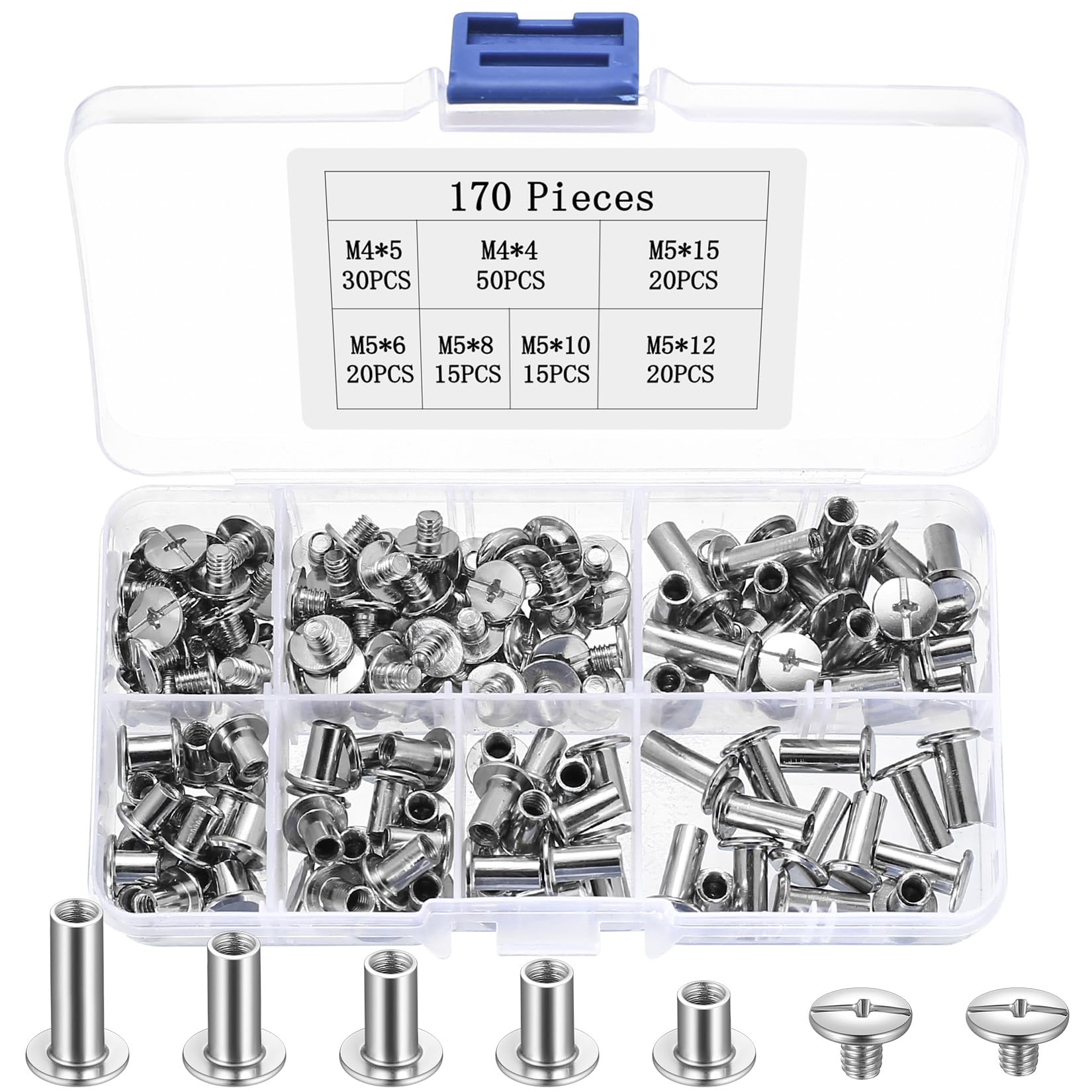 170 Pcs Chicago Screws Leather Rivets, M4 Chicago Binding ScrewsBinding Screws and Posts, Metal Flat Cross Head Screw Rivets for Bag Making Fabric Book Binding Bookbinding Rivet