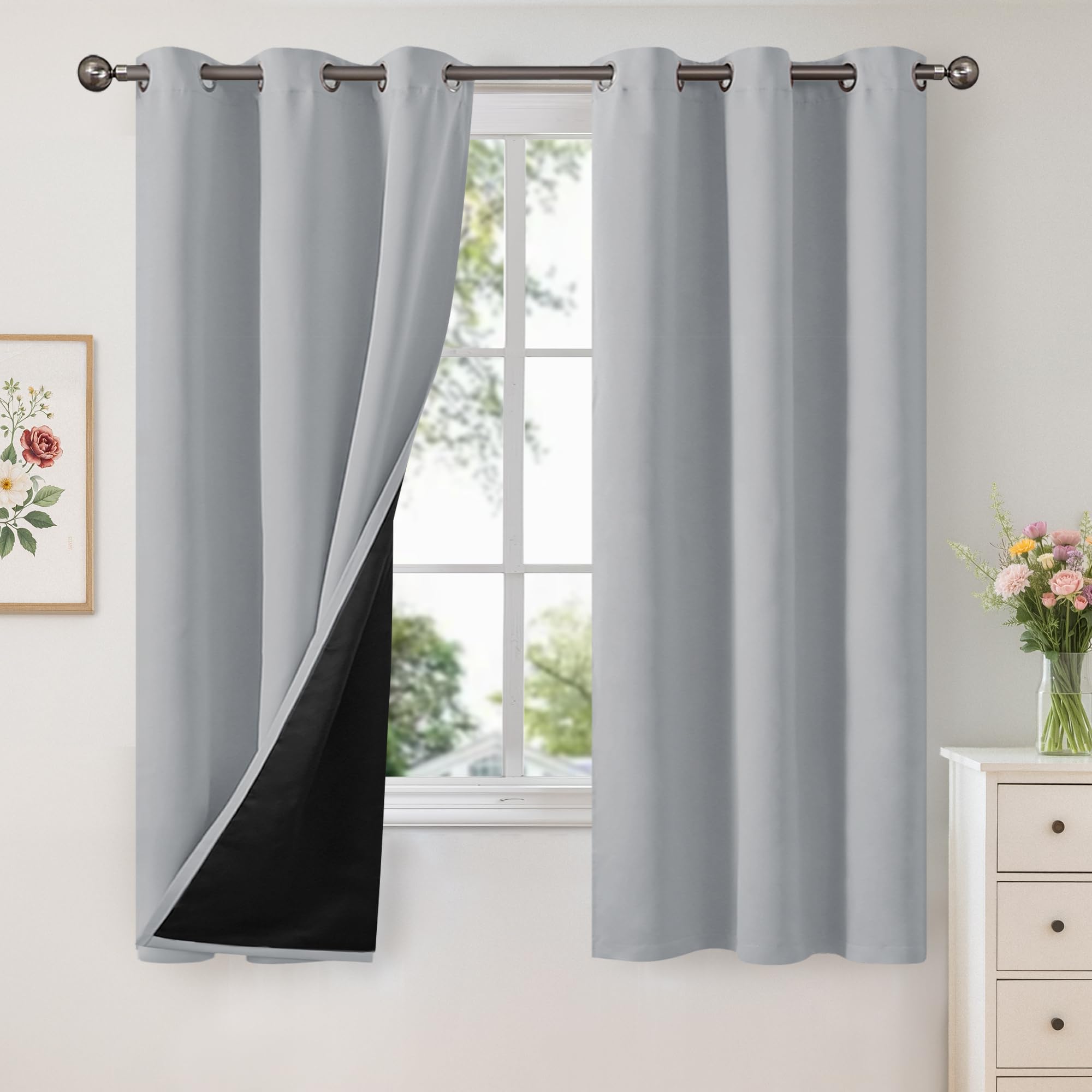 YoungsTex Light Grey 100% Blackout Curtains for Bedroom 63 Inches Long, Thermal Insulated Winter Drapes with Grommet Heavy Layer Keep Cold Out for
