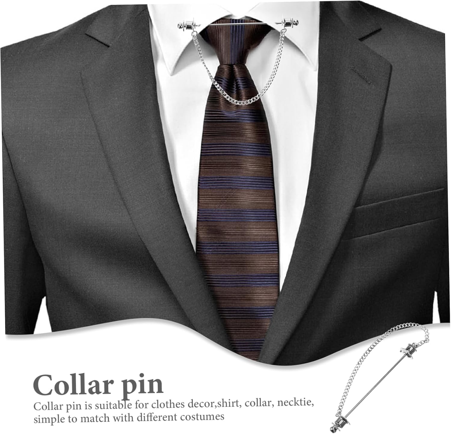 COLLBATH Men's Decorative Collar Pin with Chain Stylish Tie Pin for Shirts Silver Brooch for Business and Casual Wear for Weddings and Formal Occasions