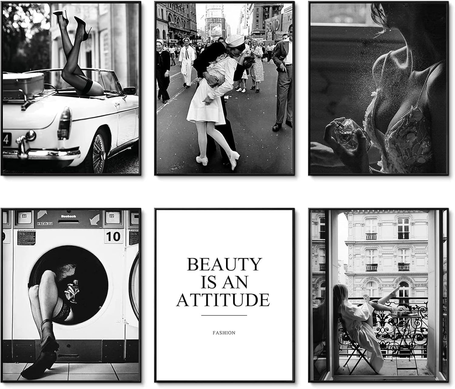 Black White Wall Art Print Set of 6 Fashion Wall Decor Perfume Beauty Girl Pictures Square Kiss Art Poster Set for Living Room Vintage Home Decor