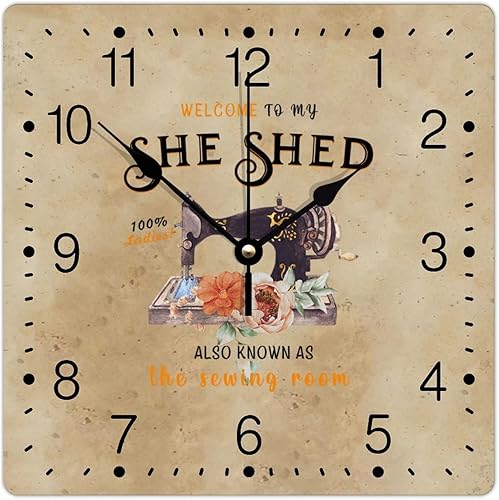 Reloj de PVC con texto en inglés "Welcome to My She Shed", reloj de pared grande para máquina de coser, flor naranja de 10 pulgadas, cuadrados,