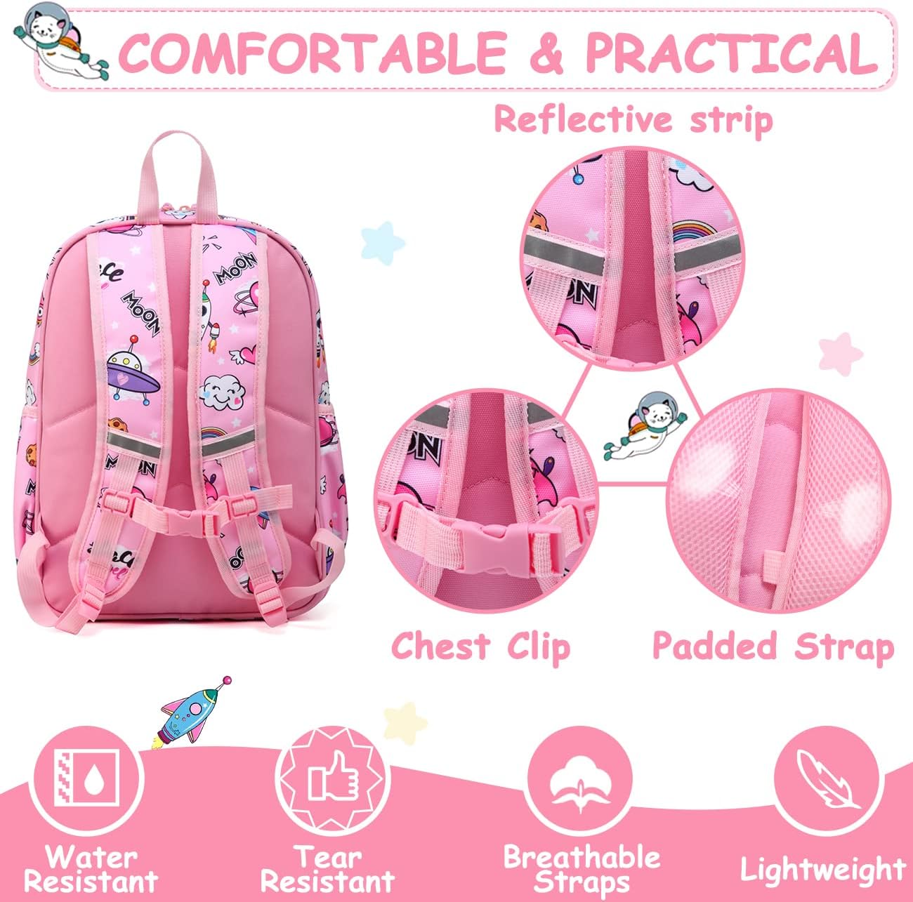 VASCHY Toddler Kids backpacks, Cute Lightweight Water Resistant Preschool Kindergarten Daypack SchoolBag Bookbag for Girls Pink Cats - Image 4