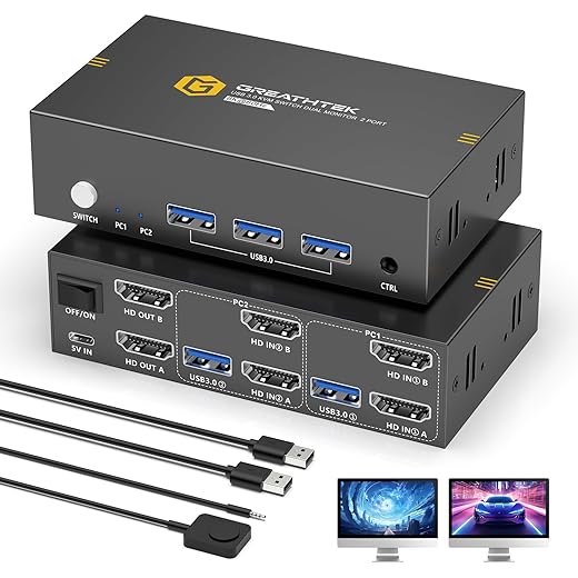 8K HDMI KVM Switch 2 Monitors 2 Computers,8K@60HZ USB3.0 Dual Monitors KVM Switches for 2 PC/Laptops Share Mouse Keyboard and 2 Screens,with 2 USB Cables/Controller,EDID Adapative,Plug&Play