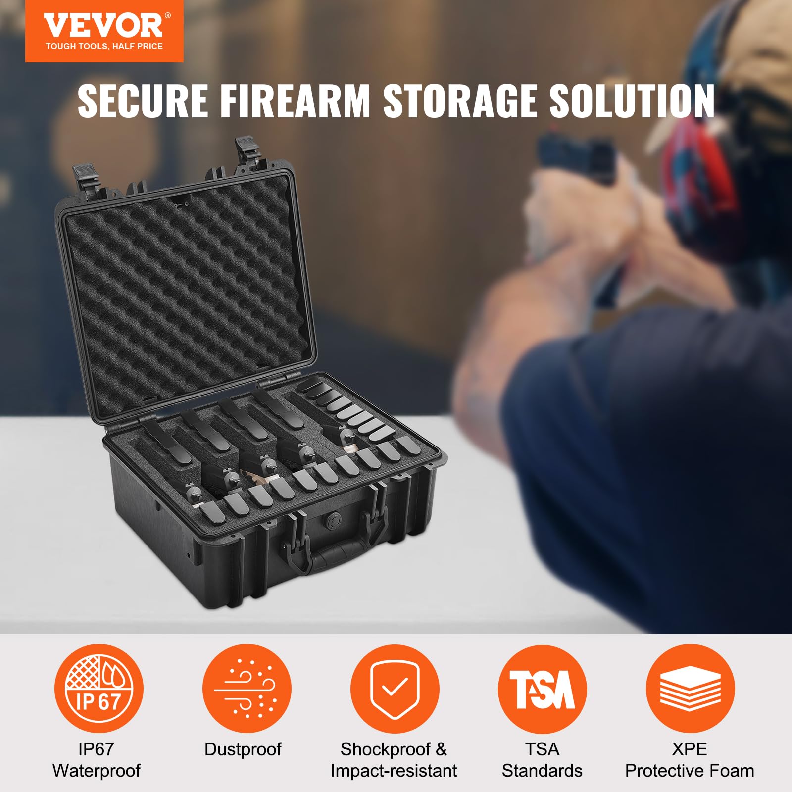 VEVOR Estuche Rígido para Pistola con Rvestimiento Precortado para 5 Pistolas Resistente al Agua y Polvo, 475 x 415 x 223 mm, Estuche para Pistola con Cerradura se Puede Llevar en Tren, Avión, Negro