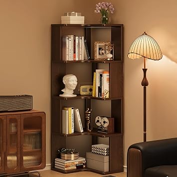 CIOOCPK Corner Bookshelf, L-Shaped Bookcase, Space-Saving Freestanding Corner Display Shelf Unit for Living Room & Bedroom, Walnut