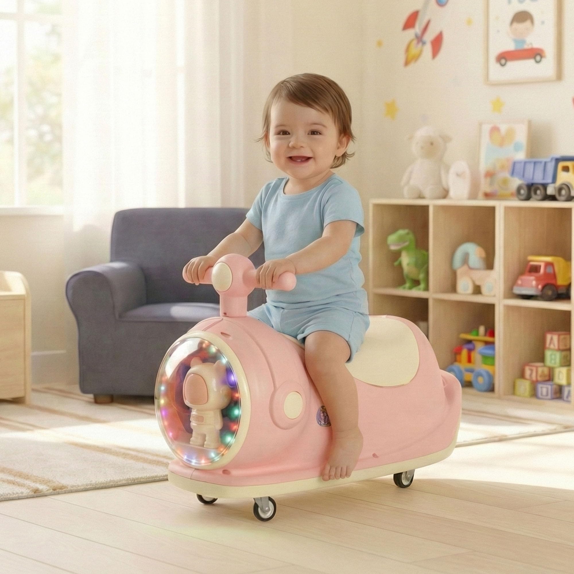 Kuber Industries Astronaut Display 360° Swivel Wheels Scooter Bike for Toddlers | 1–4 Year Boys Girls | Push Ride with Dome Light & Sound | Pink-image-23