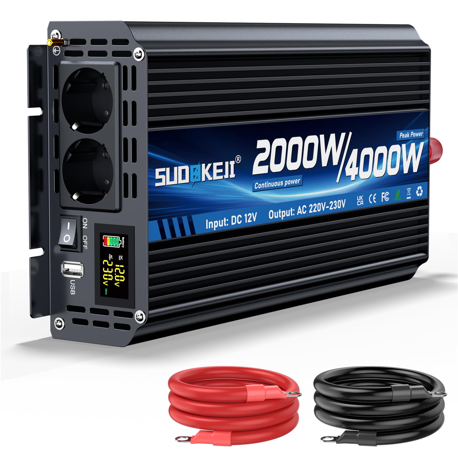 Onduleur 12 V 230 V 2000 W/4000 W Convertisseur de Tension Sinus modifié Onduleur Sine Wave avec 2 Prises CA et Ports USB et Type-C pour Voiture, Camping-Car, véhicules