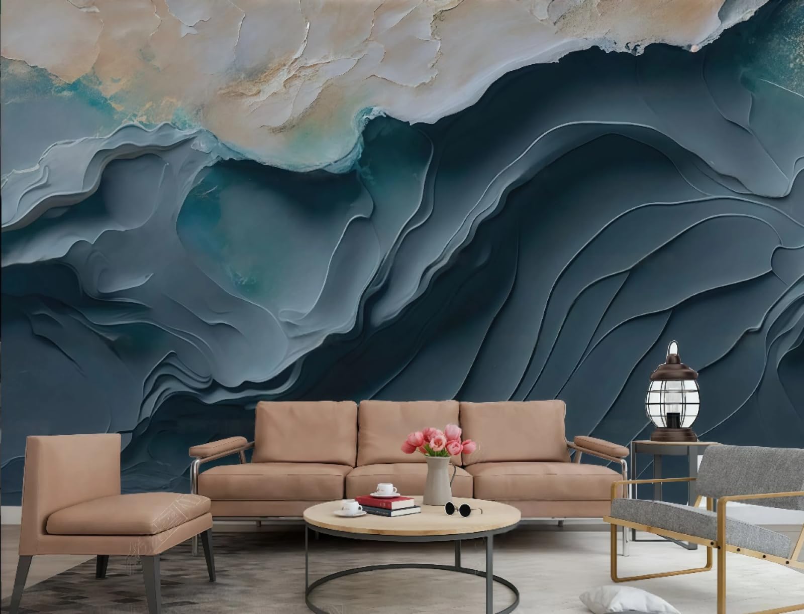 Nowoczesna minimalistyczna trójwymiarowa tapeta ciemnoniebieska fala sztuka pejzaż salon sypialnia tło tapeta na ścianę hotel restauracja kawiarnia, 3D, 150 x 105 cm