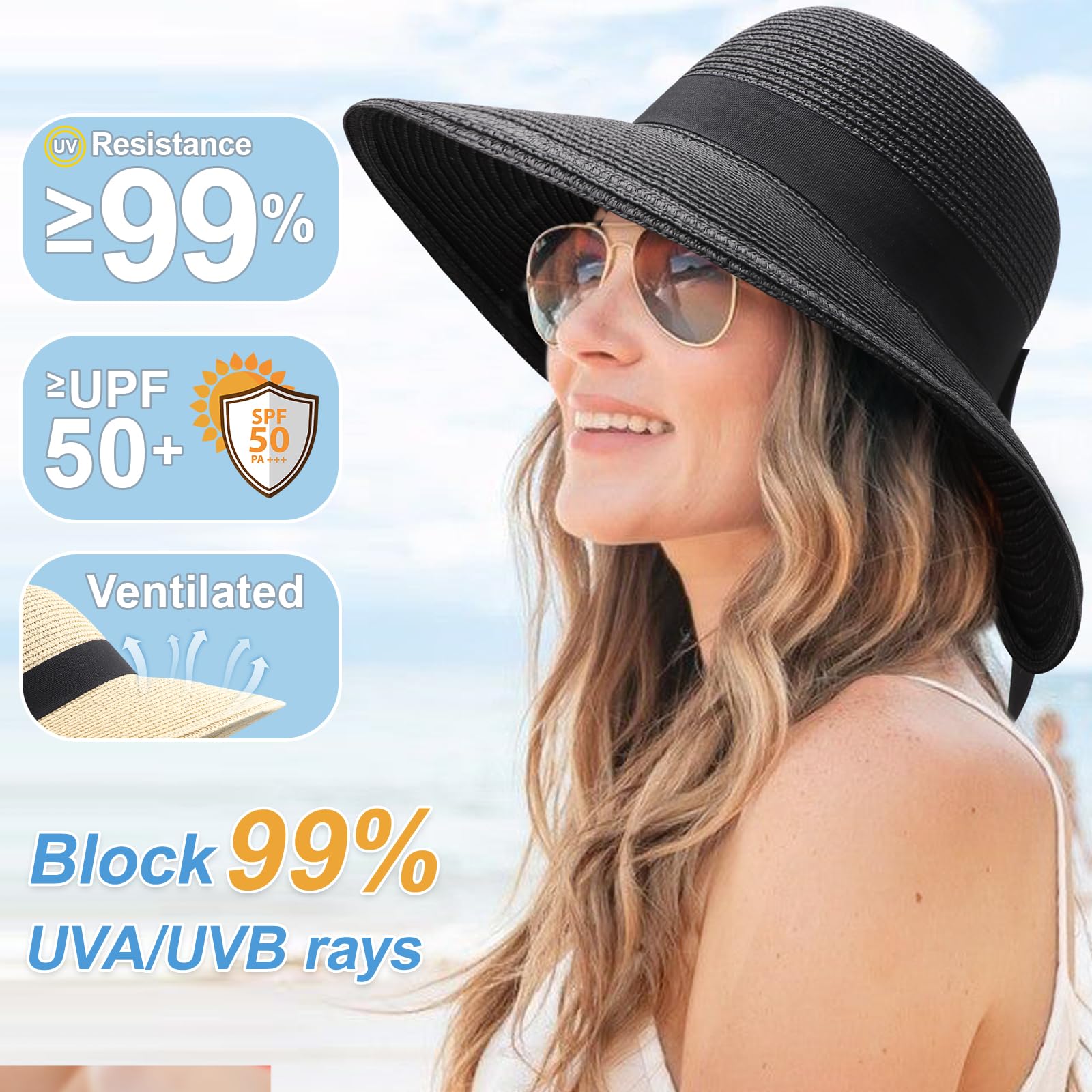DRESHOW Sombreros de Sol Para Mujeres Sombrero de Sol de Playa Plegable Sombrero de Paja de Ala Ancha con Nudo UPF 50+