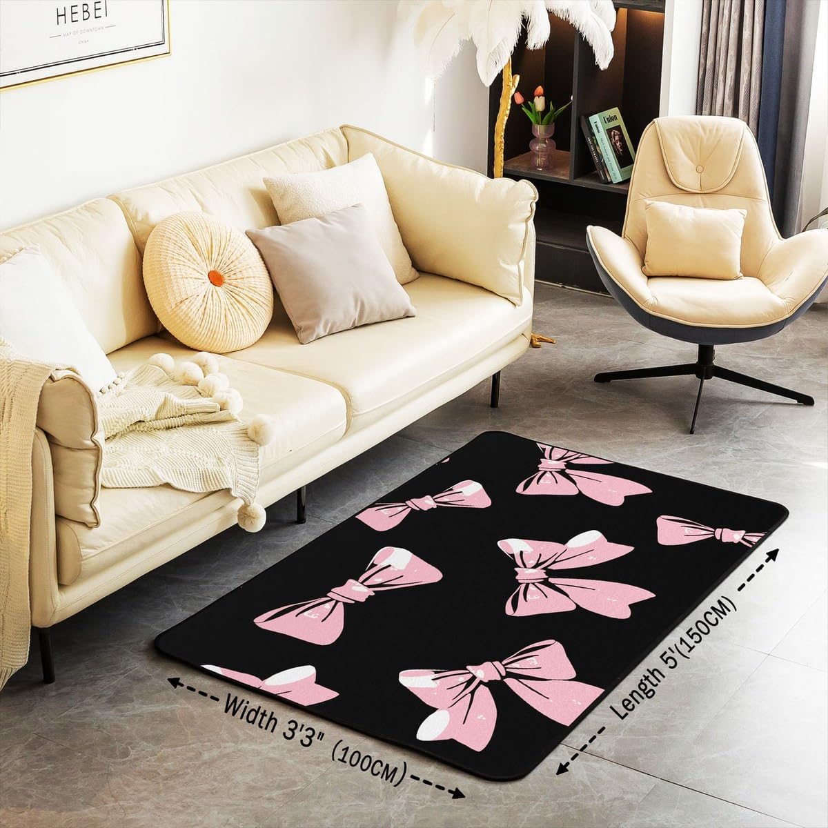 Feelyou Kids Bowknot Living Room Rugs Area Rug 3x5 Bow Rugs for Living Room Bedroom Boys Girls Fairy Princess Themed Decorative Rug Black Pink Indoor Floor Mat