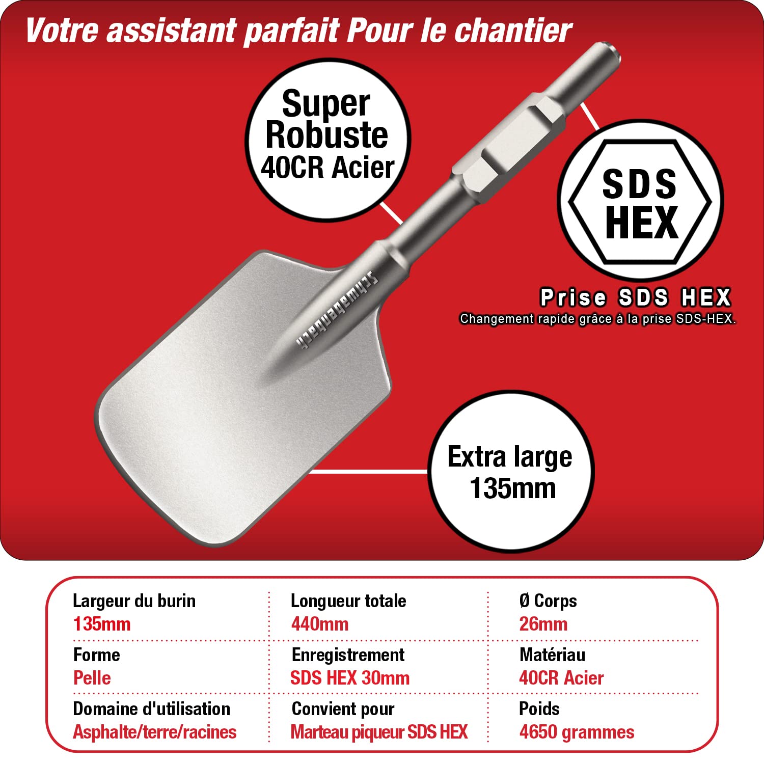 SCHWABENBACH® Bêche Pneumatique SDS HEX 135 x 440 mm – Burin Pelle SDS HEX pour Marteau Démolisseur – Idéal pour Béton, Asphalte et Maçonnerie – Outil Démolition Professionnel – Pointe Extra Durcie