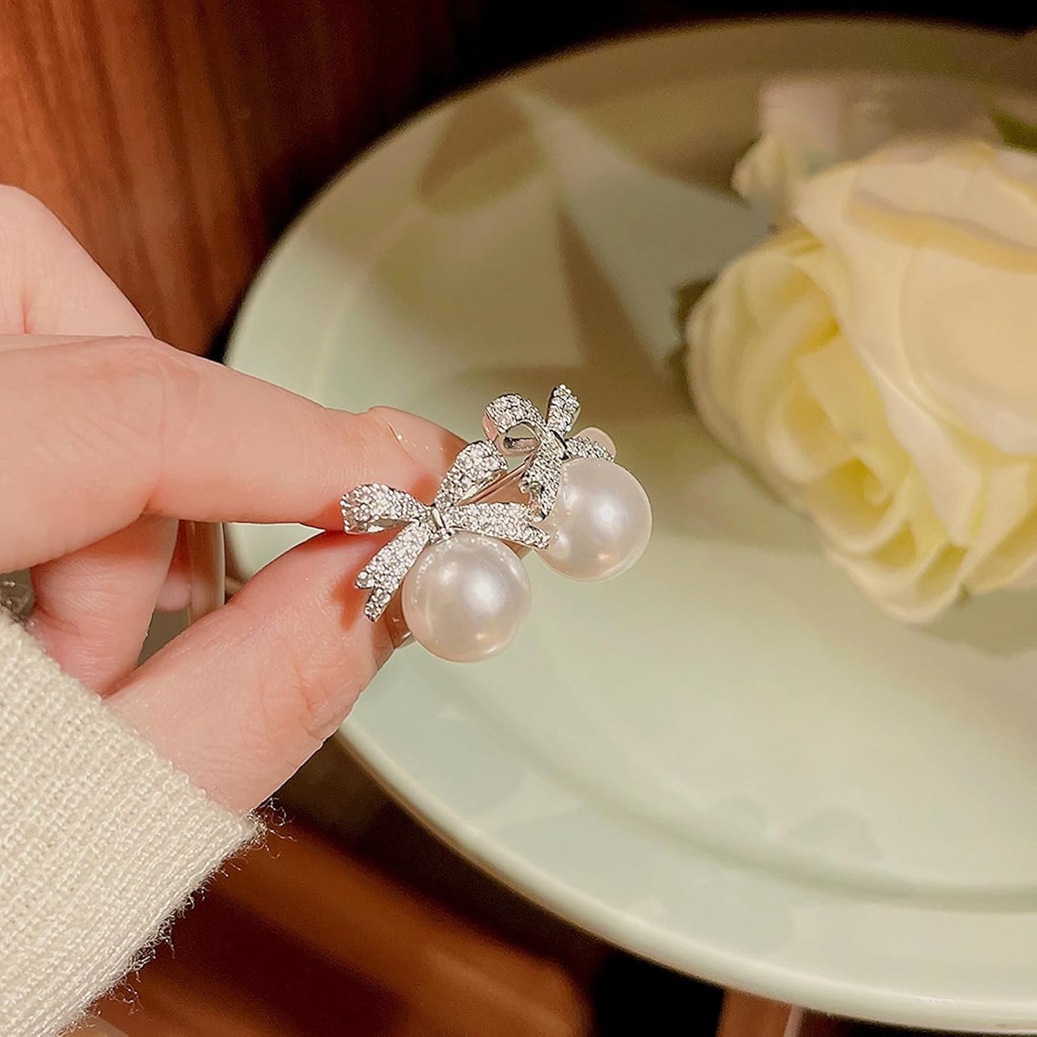 Pearl Bow Earrings for Women Trendy Dainty Rhinestone Bow Stud Pearl Statement Earrings for Christmas Party Holiday Jewelry Gifts - Image 4