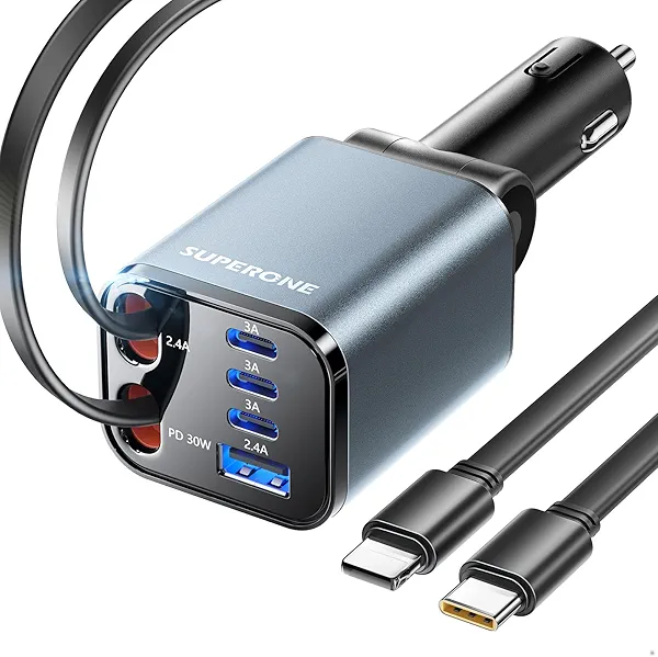 Upgraded SUPERONE Retractable Car Charger, [Ultra-Compact] 6-Port Car Charger USB C, iPhone Car Chargers Fast Charging with USB C & Apple Cable, Car Accessories Adapter for iPhone 17/16/15/14/13/12