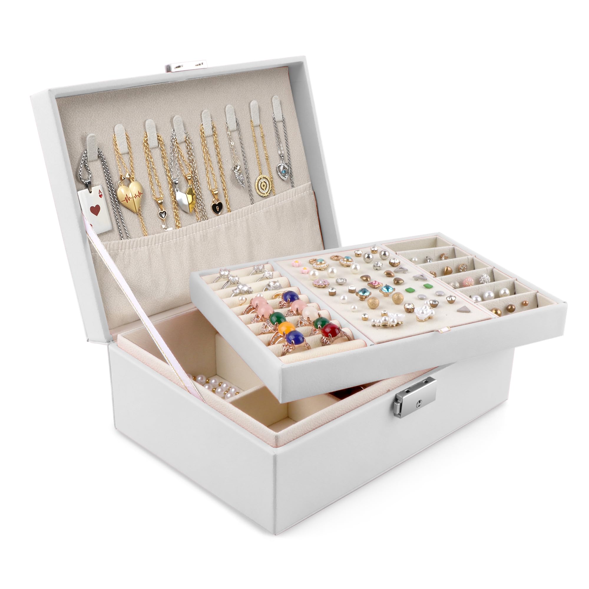 Homeanda Schmuckkästchen mit Schloss - Große Schmuckschatulle aus Leder für Damen, Schmuckbox mit 2 Ebenen (Weiß)