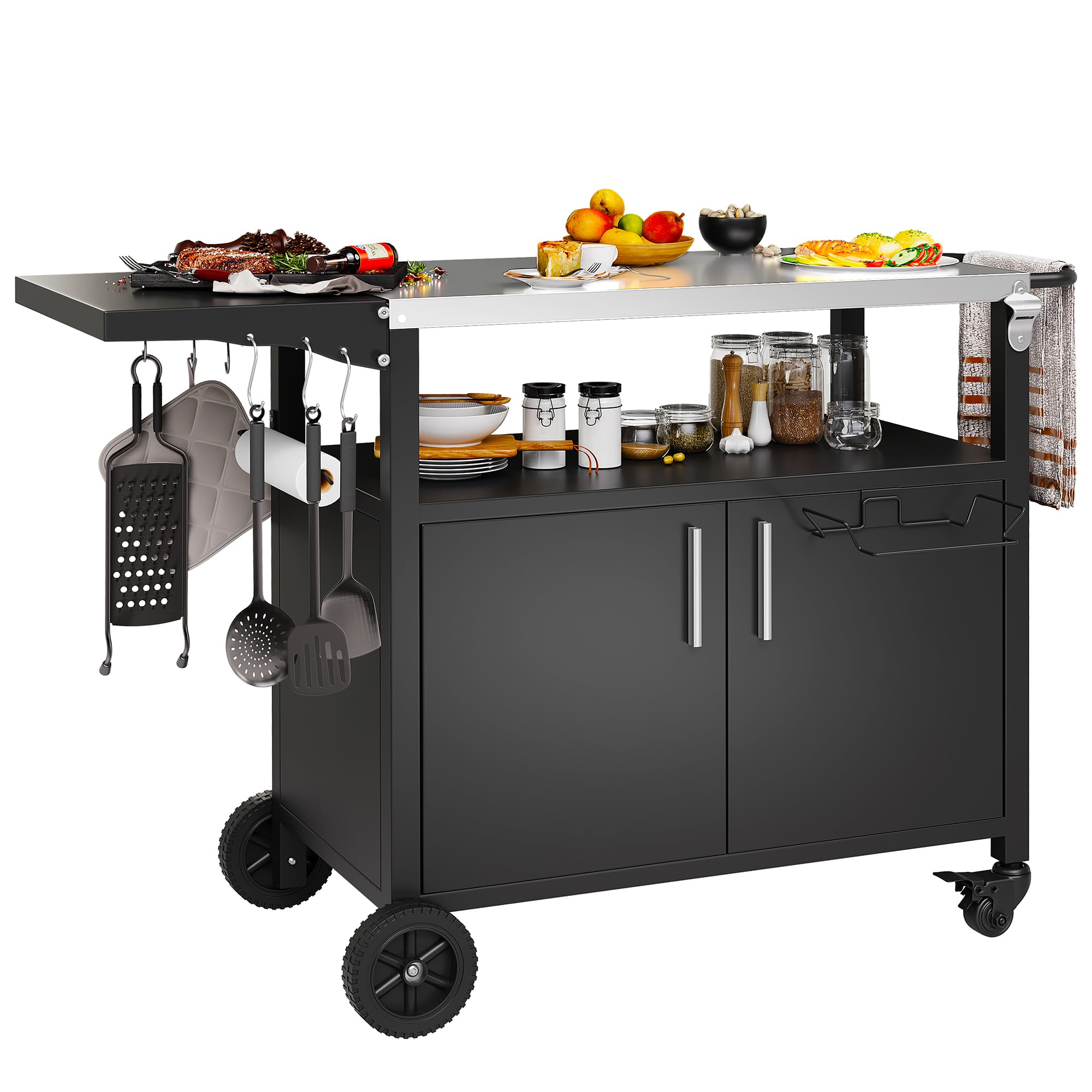 JAMFLY Heavy Duty Outdoor Grill Cart with Spacious Storage, Weather Resistant, Mobile BBQ Prep Station with Wheels, Patio Kitchen Island Table Storage Cabinet, Black