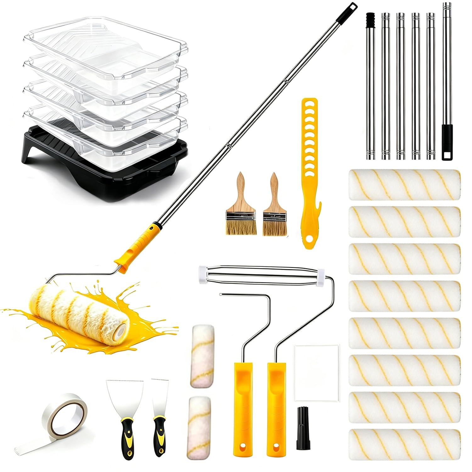 Rullo Per Pittura,Set Di Pittura Professionale Da 30 Pezzi, Un Set Di Rulli Con Vaschetta Per Vernice, Con Asta Telescopica In Acciaio Inox, Adatto Per Pareti, Soffitti, Porte e Finestre