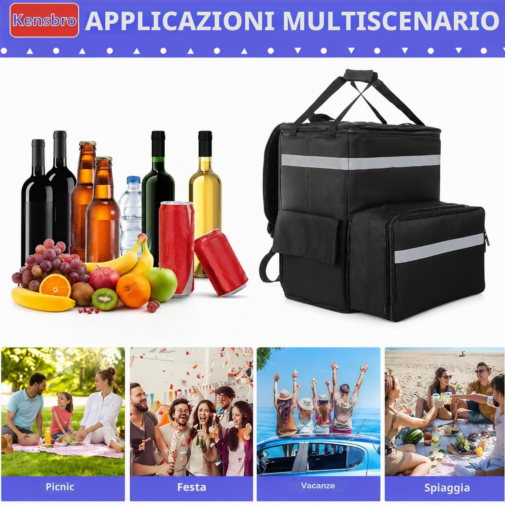 Zaino impermeabile, isolato per la consegna di cibo, grande borsa frigo, per pizza, gite, campeggio, spiaggia, viaggi all'aperto, barbecue, 38 x 36 x 38 cm