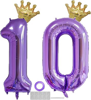 Purple 10 Number Balloon 40 inch Jumbo Foil Balloons with Detachable Crown Foil Prom Balloon for 10th Birthday Party Decoration 10 Wedding Anniversary Photos Props Supplies