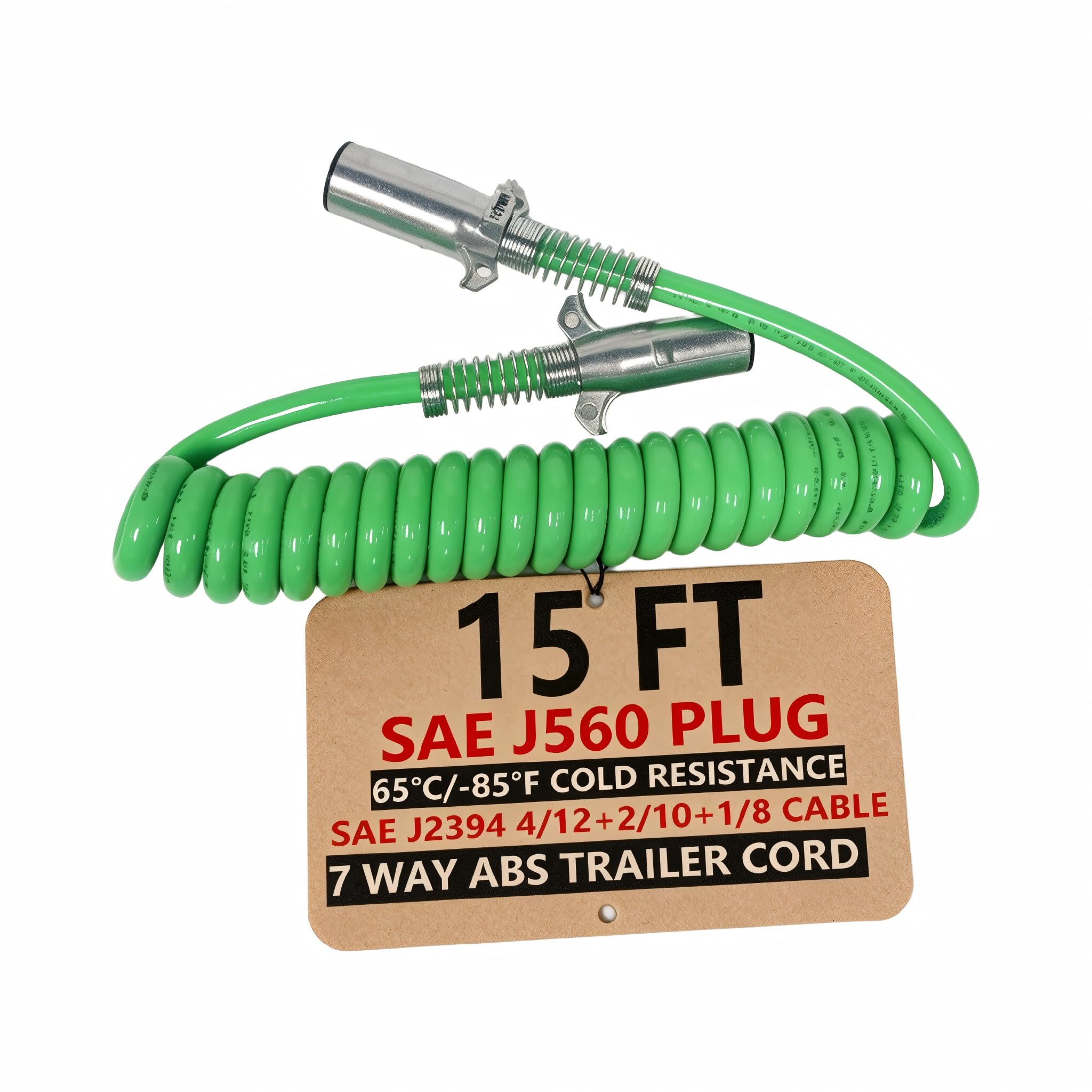 15 FT 7 Way Wire Coiled Trailer Light Brake Electrical Plug Cable