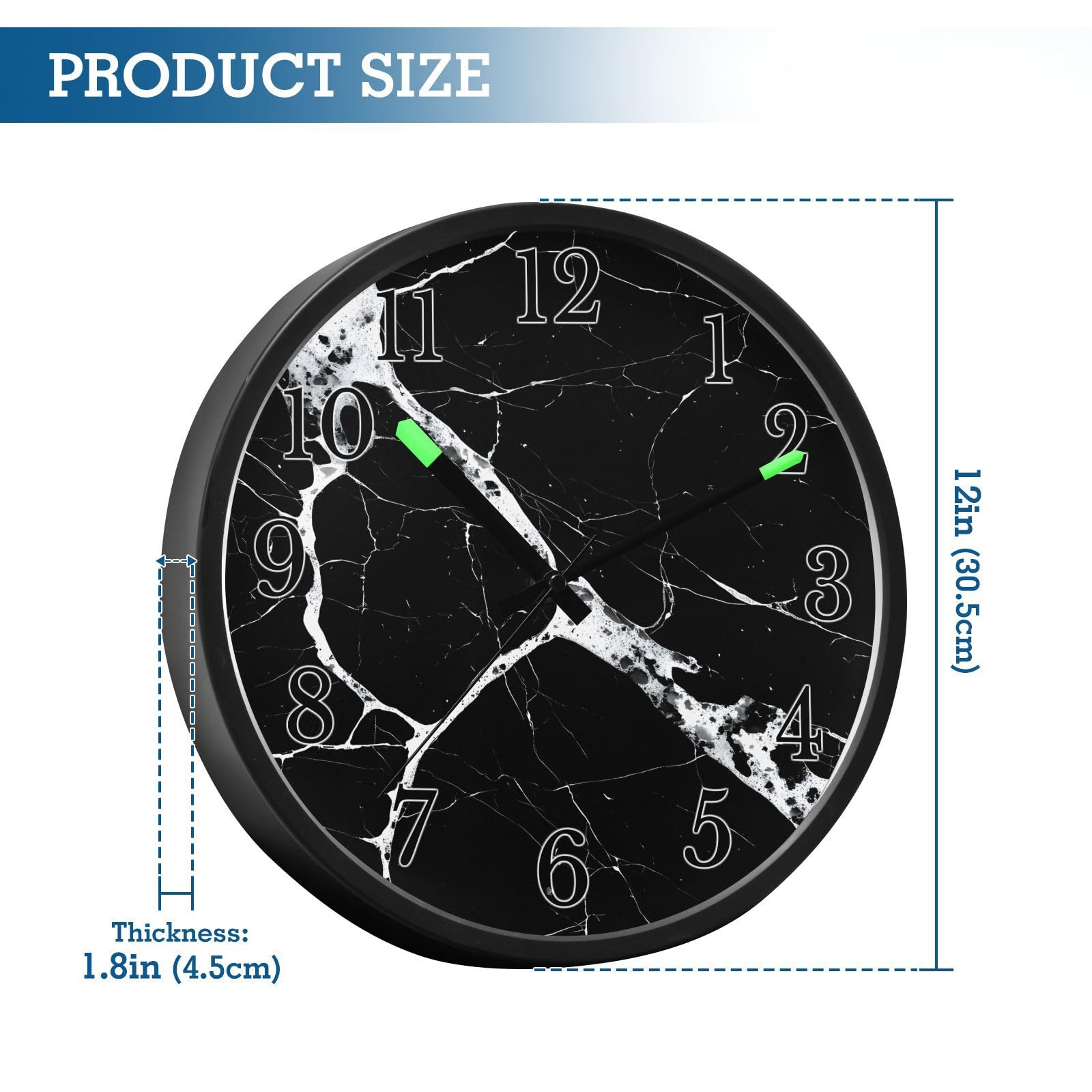 Mnsruu Reloj de pared luminoso con patrón de mármol negro y blanco, reloj de pared que brilla en la oscuridad, funciona con pilas, reloj de luz nocturna silencioso sin tictac para dormitorio