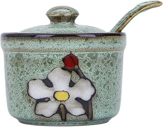 VanEnjoy Retro Hand-Painted Flower Ceramic Sugar Bowl with Spoon - Green Porcelain Spice Jar Condiment Container