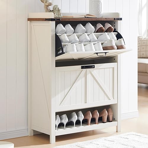 OKD Armario de almacenamiento de zapatos con 2 cajones abatibles, organizador de zapatos de granja de 15.6 pulgadas de profundidad para entrada,