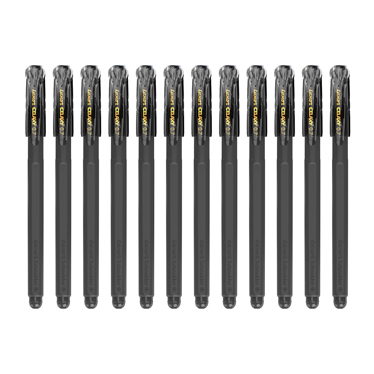 Luxor Schneider Gelaxy - Bolígrafo de gel recargable, paquete de 12 unidades, color negro, escritura precisa de 0,7 mm, tinta de secado rápido, tecnología alemana, flujo de tinta consistente