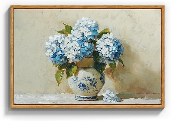 Hand-Painted Vintage Blue Hydrangea Textured Floral Framed Canvas Art