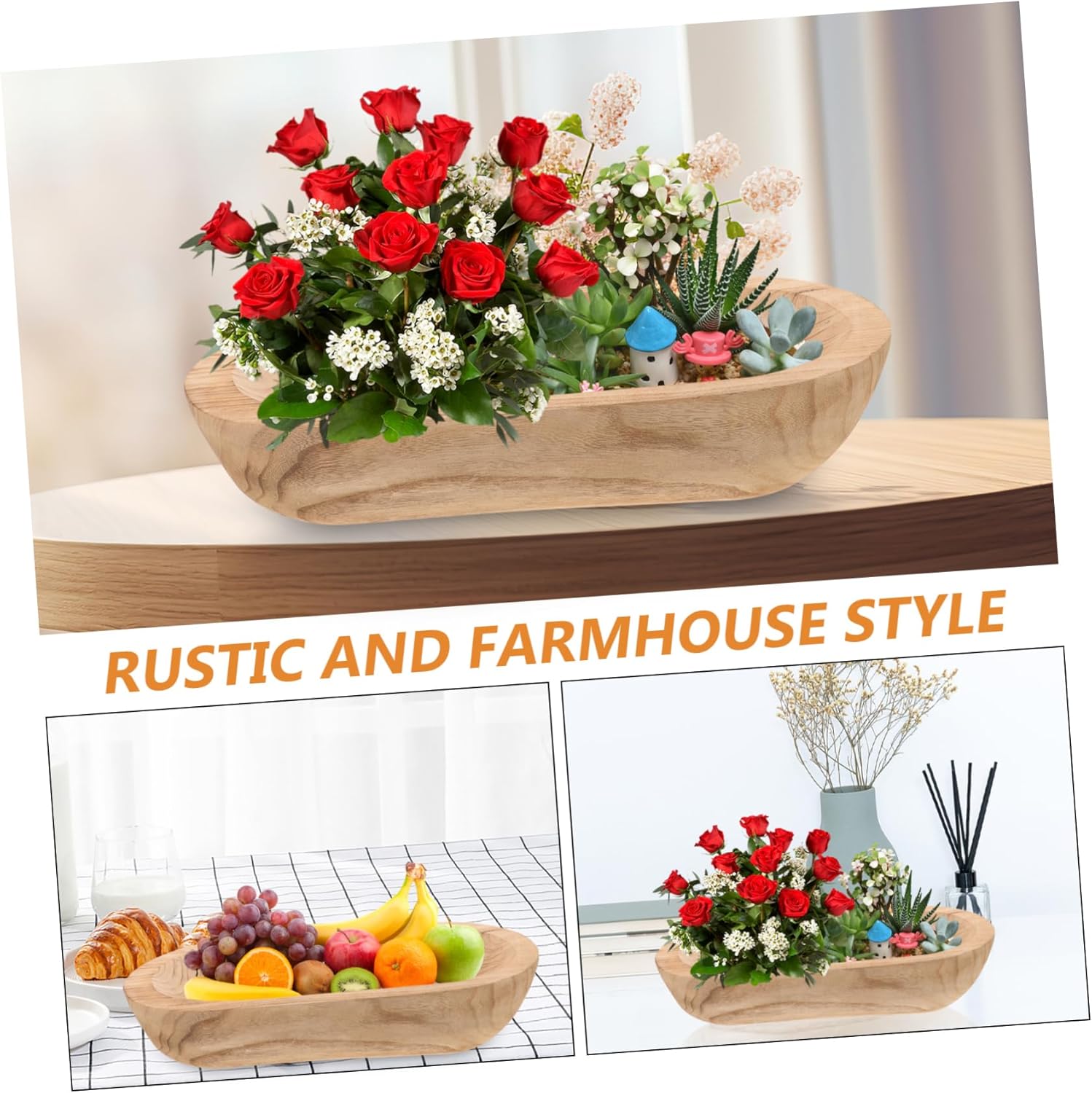 PRETYZOOM Large Wooden Dough Bowl for Decor Hand Carved Rustic Centerpiece Bowl 100% Paulownia Wood for Kitchen and Dining Table Decoration for Candle Display and Farmhouse Style