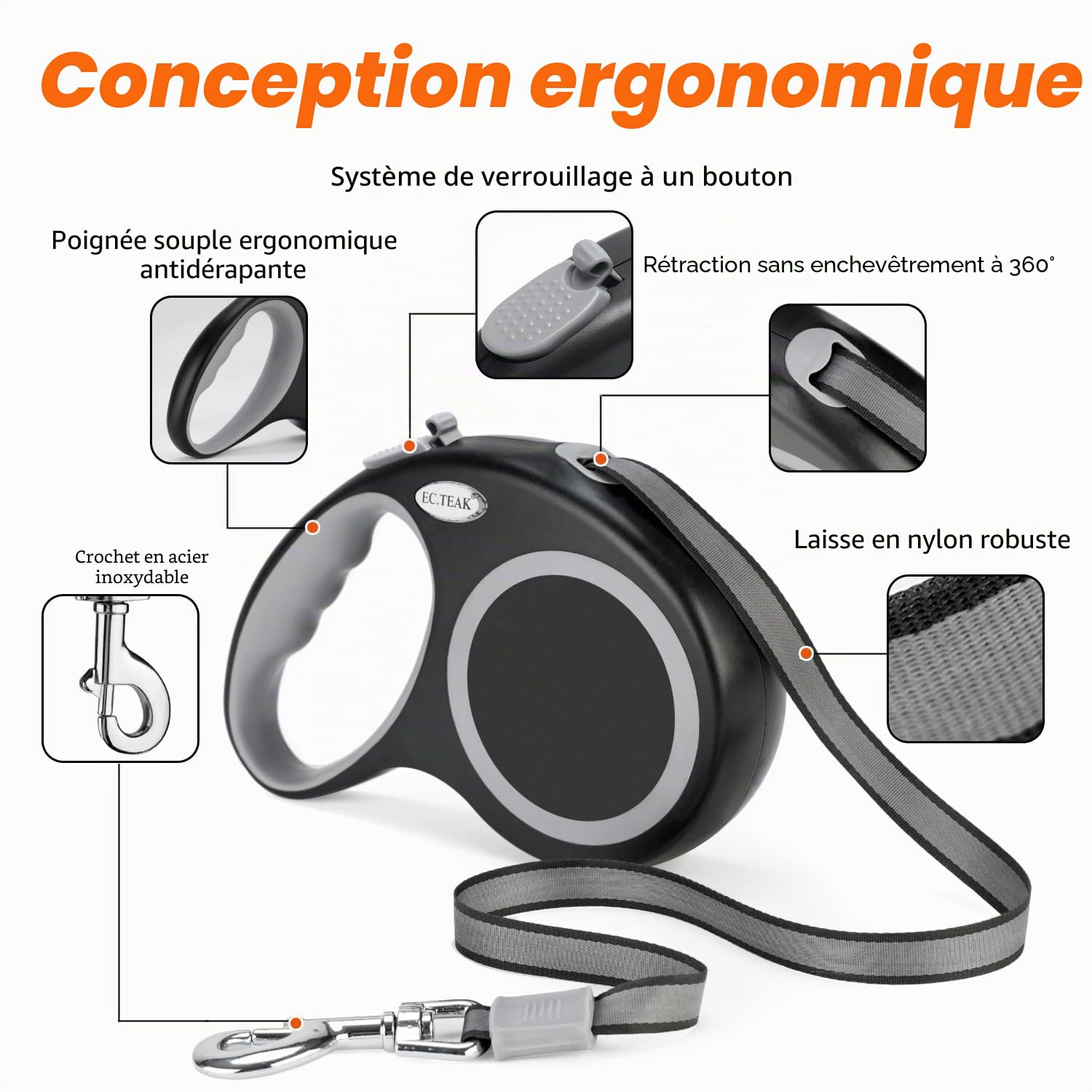 Laisse rétractable pour Chien 8 m, Robuste pour Chiens de 30 à 50 kg, Ruban Nylon Anti-enchevêtrement, Frein, Pause et Blocage à Une Main, idéale pour Chiens Moyens et Grands, Noir, 8 m